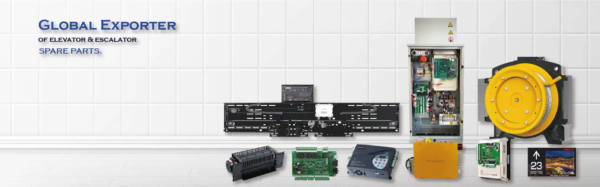 elevator spare parts including door operator, traction machine, control cabinet, cross flow fan, inverter, controller, car top inspection box, motherboard, display 
