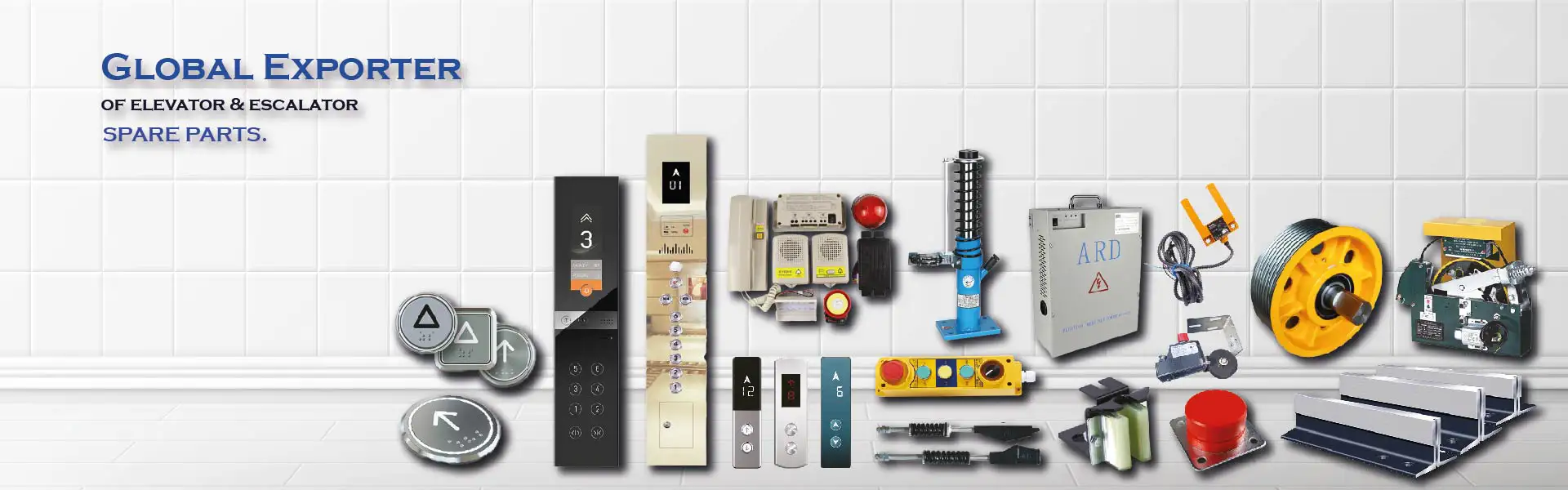 elevator spare parts includding elevator push buttons, cop, lop, intercom set, suspension rod, dumping pad, ard, u level switch, pulley, guiderail, guideshoe and speed governor.
