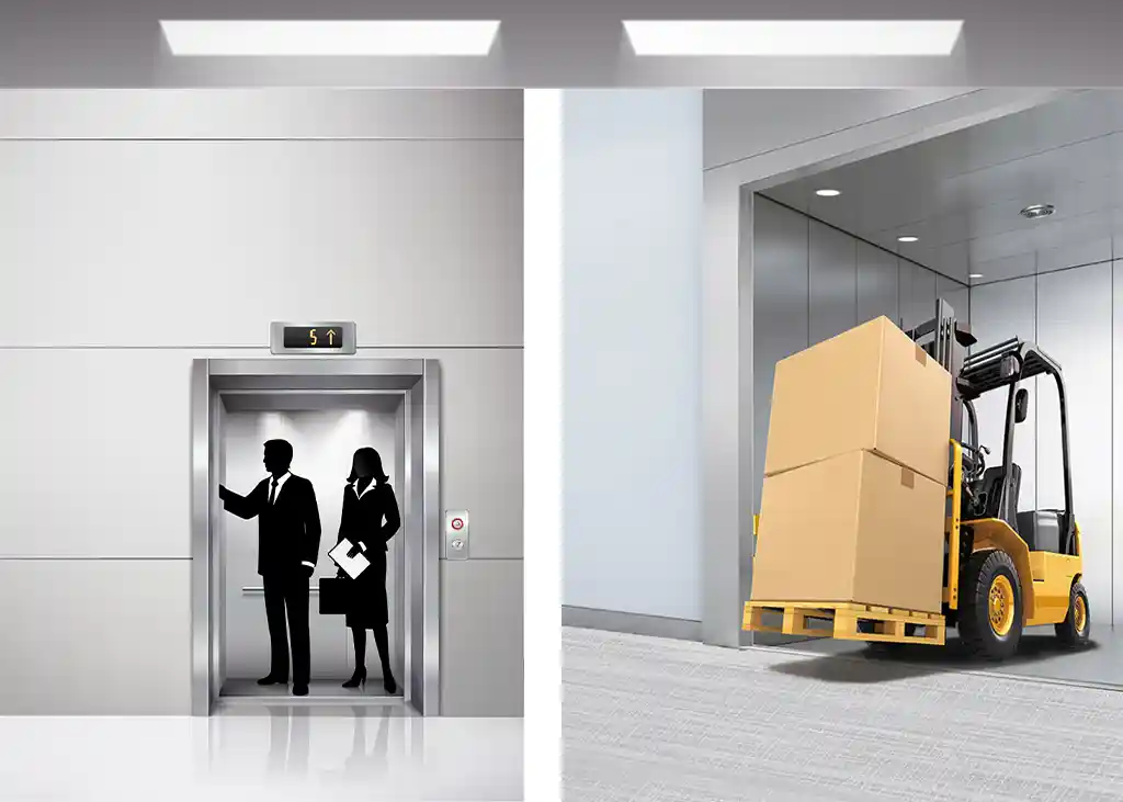 An informative comparison highlighting the key differences between passenger elevators, designed for comfort and aesthetics, and cargo/freight elevators, built for heavy loads and emphasizing functionality and safety.