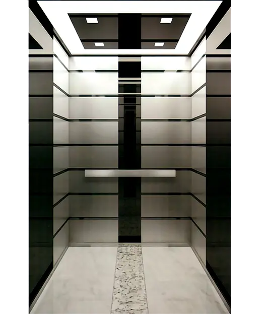 Interior of a passenger elevator with contrasting black and white walls, showcasing a contemporary aesthetic.