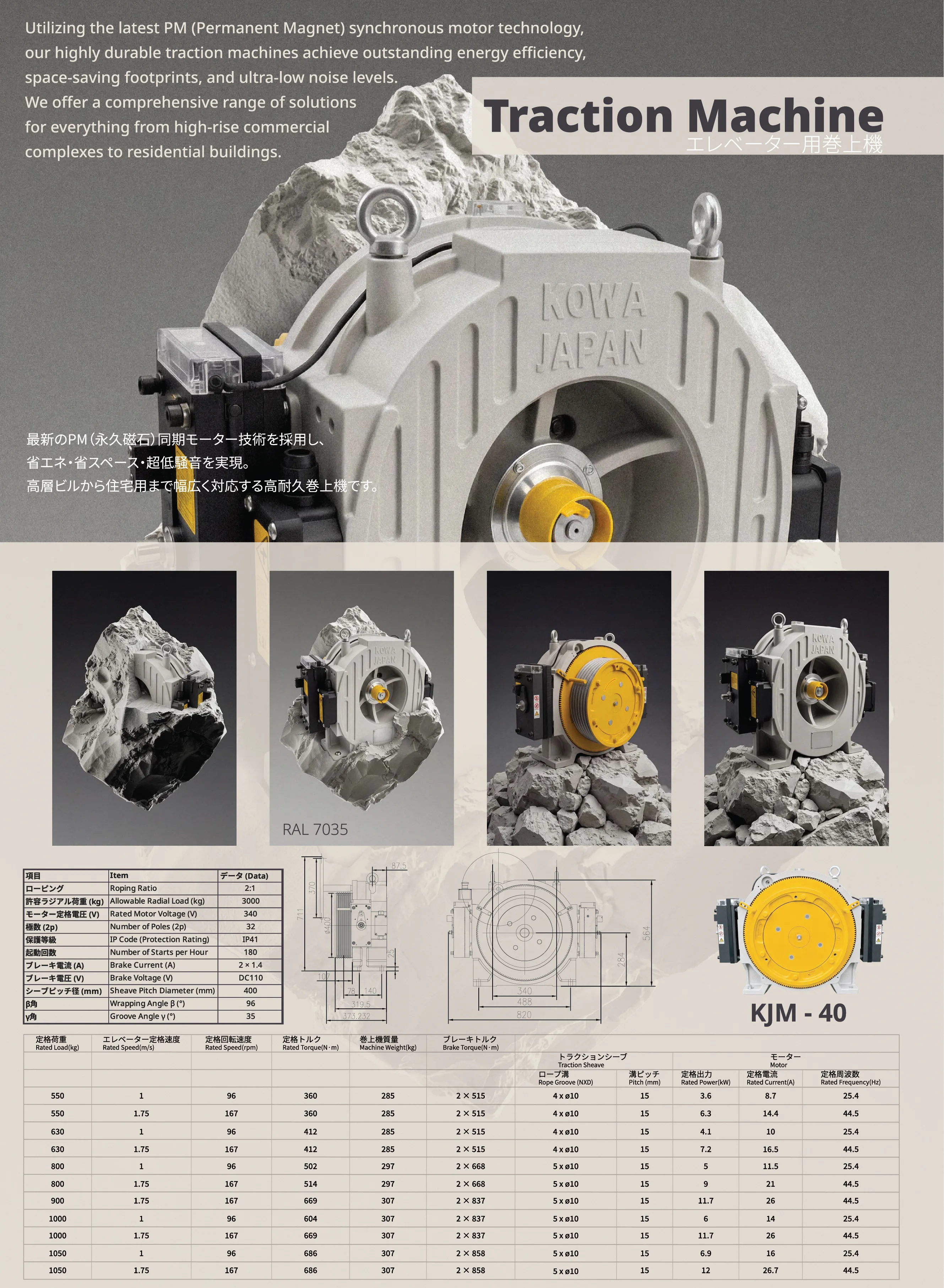KOWA JAPAN Elevator Traction Machine Technical Data